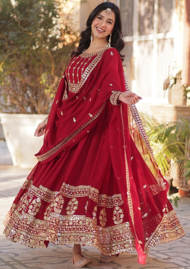 Maroon Embroidered Georgette Anarkali Set With Dupatta