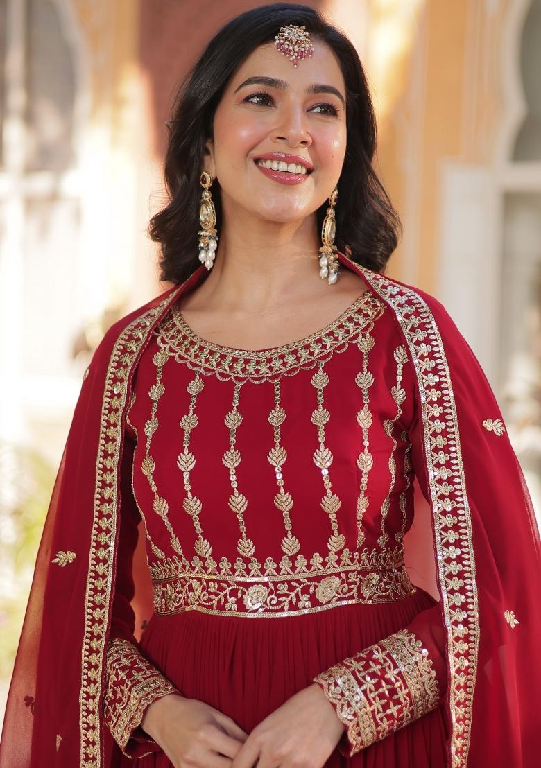 Maroon Embroidered Georgette Anarkali Set With Dupatta