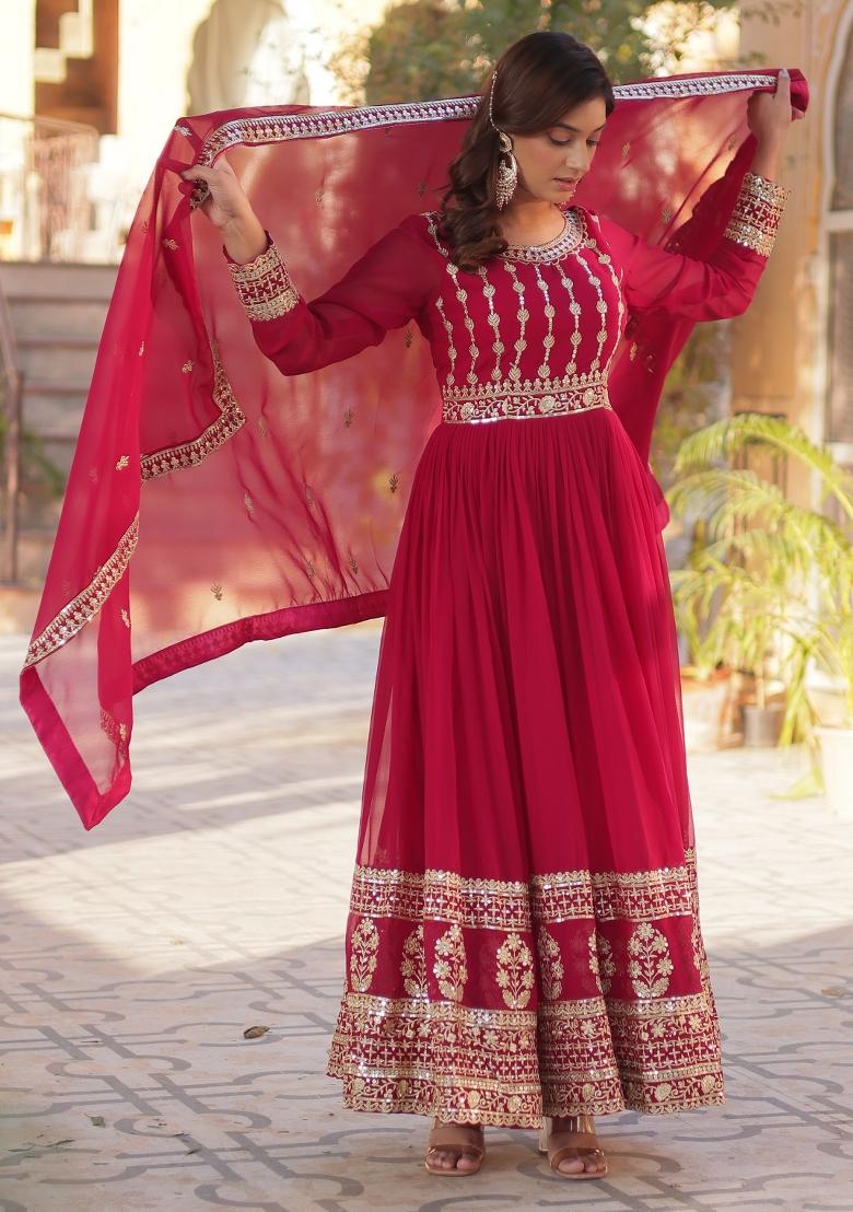 Pink Embroidered Georgette Anarkali Set With Dupatta