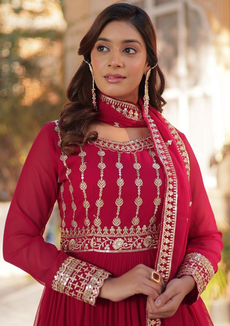 Pink Embroidered Georgette Anarkali Set With Dupatta