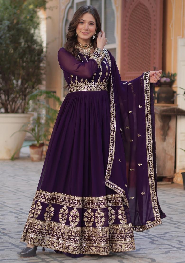Violet Embroidered Georgette Anarkali Set With Dupatta