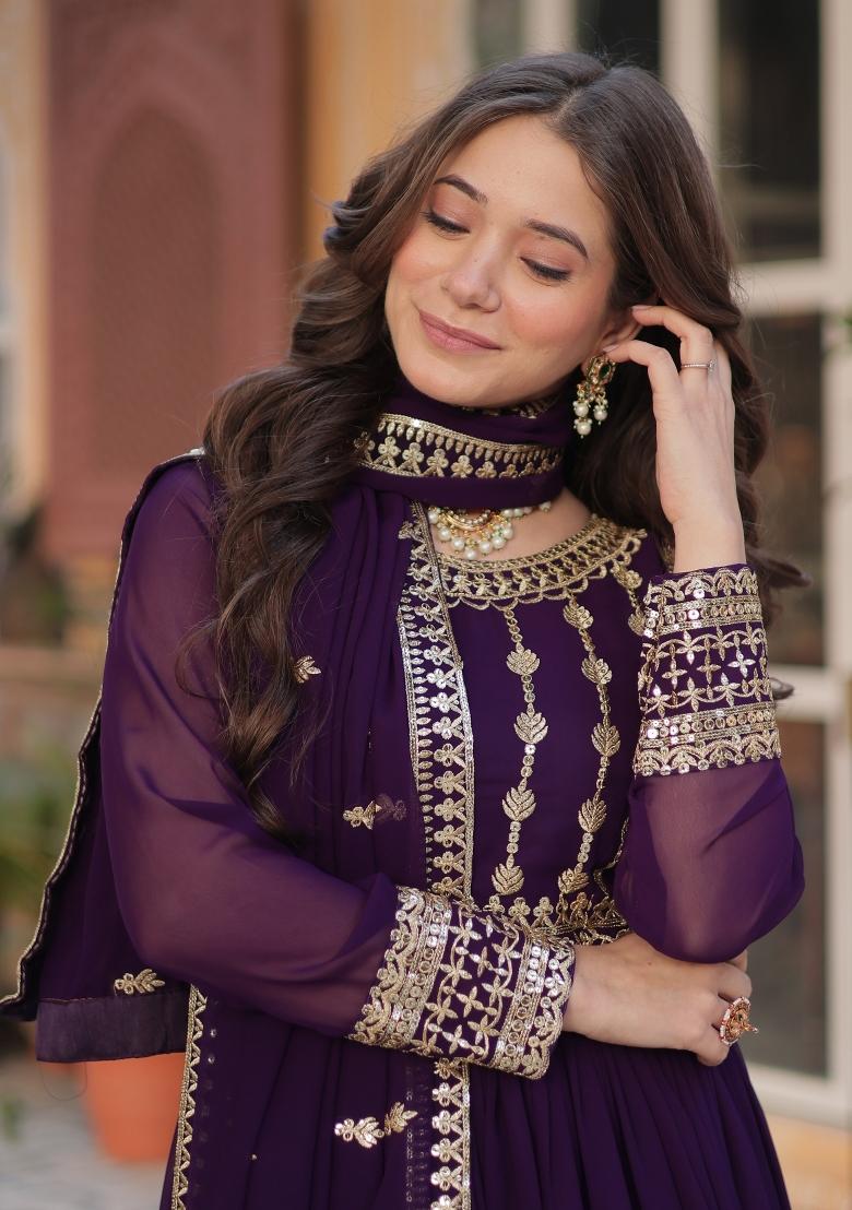 Violet Embroidered Georgette Anarkali Set With Dupatta