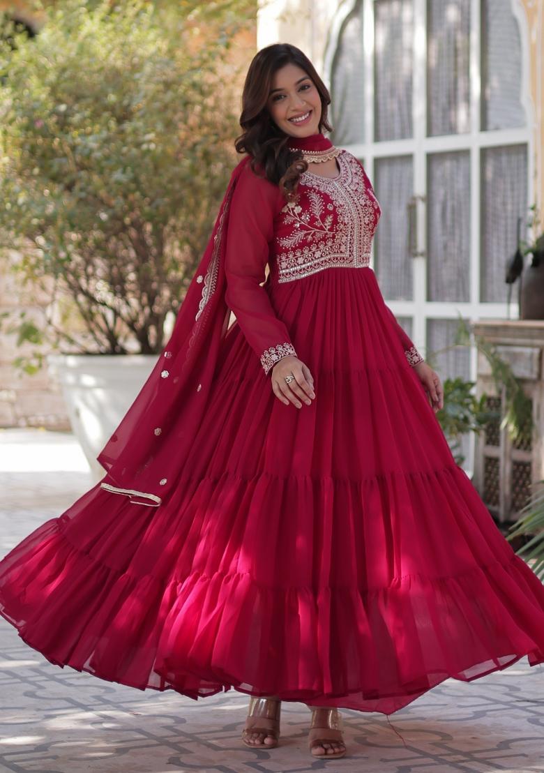 Pink Embroidered Georgette Anarkali Set With Dupatta
