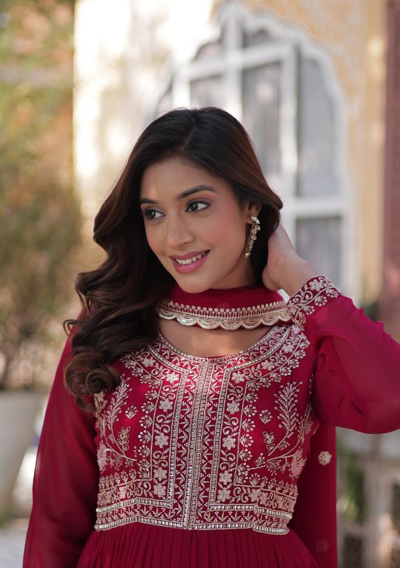 Pink Embroidered Georgette Anarkali Set With Dupatta