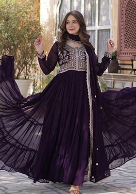 Violet Embroidered Georgette Anarkali Set With Dupatta