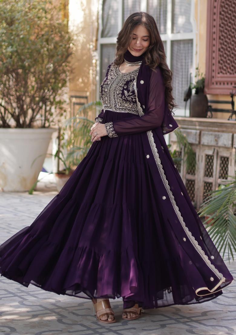 Violet Embroidered Georgette Anarkali Set With Dupatta