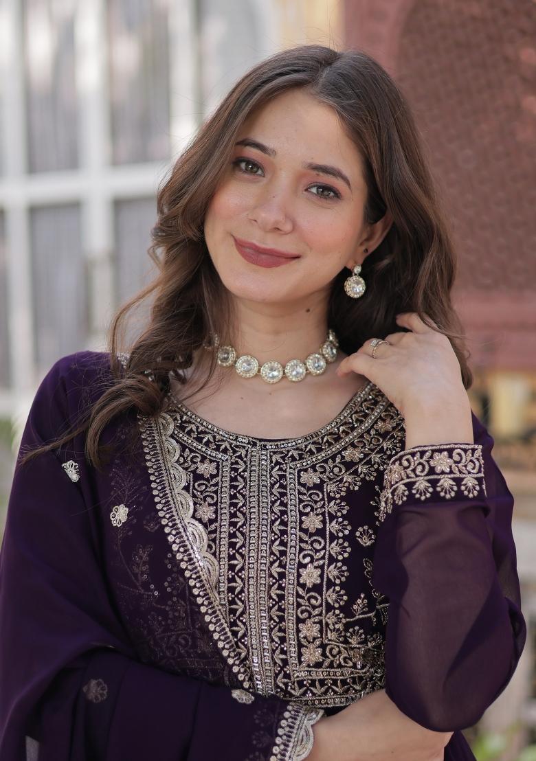 Violet Embroidered Georgette Anarkali Set With Dupatta