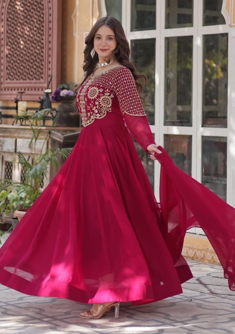 Pink Embroidered Georgette Anarkali Set With Dupatta