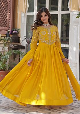 Yellow Embroidered Georgette Anarkali Set With Dupatta