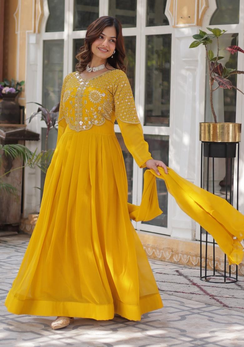 Yellow Embroidered Georgette Anarkali Set With Dupatta