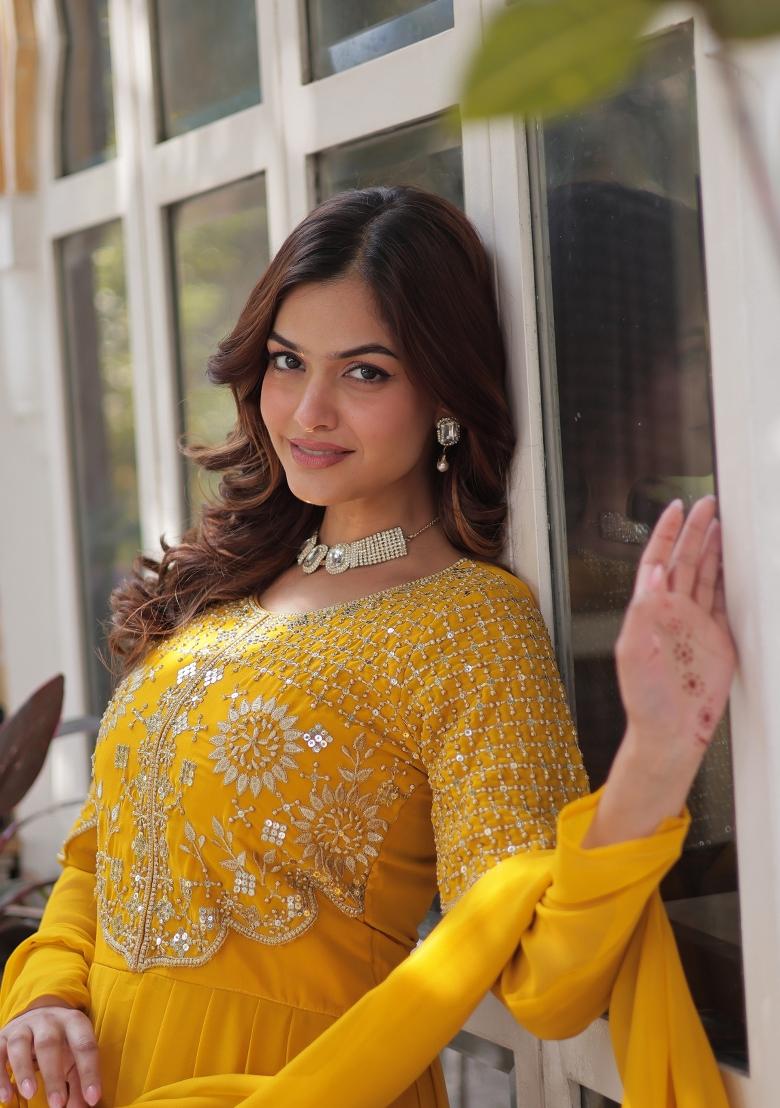 Yellow Embroidered Georgette Anarkali Set With Dupatta