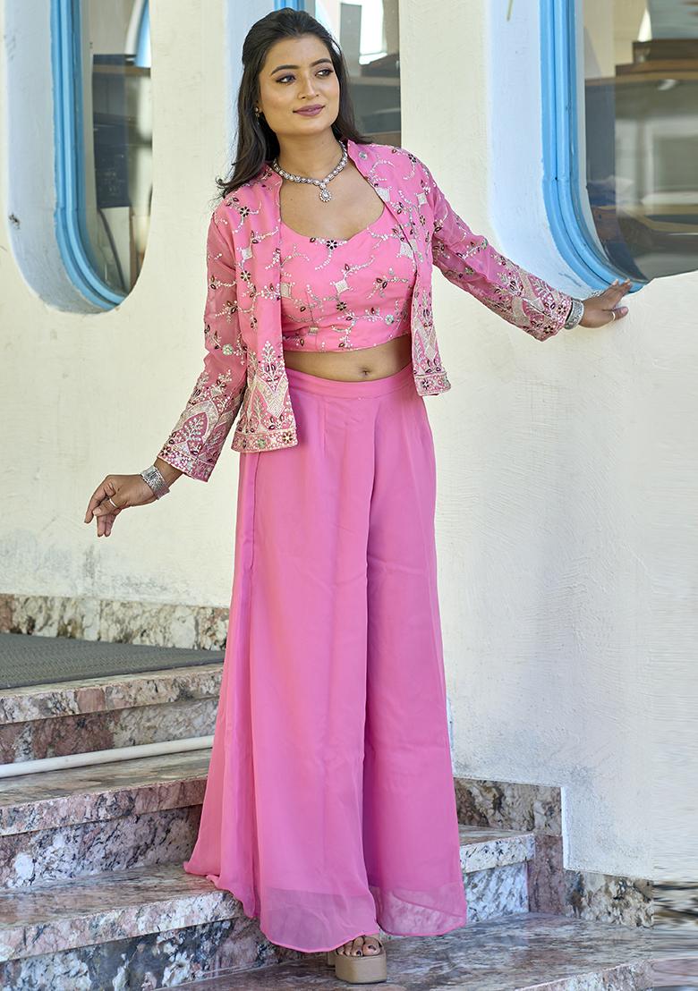 Pink Embroidered Georgette Palazzo Set With Dupatta