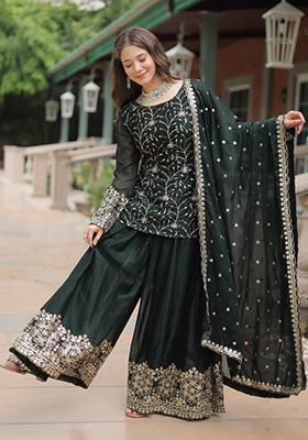 Green Embroidered Silk Palazzo Set With Dupatta