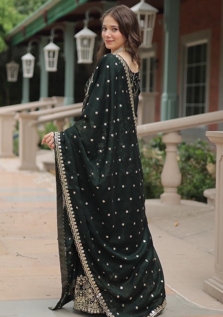 Green Embroidered Silk Palazzo Set With Dupatta