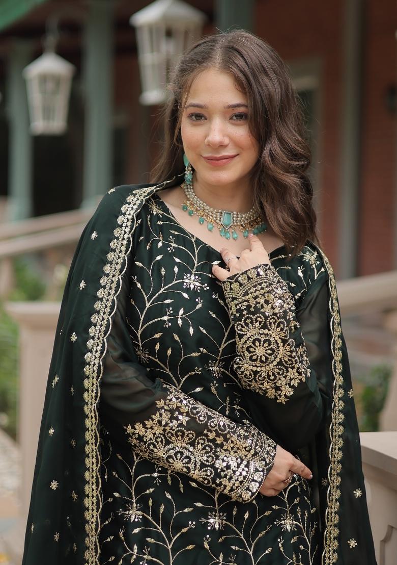 Green Embroidered Silk Palazzo Set With Dupatta