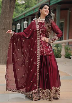 Maroon Embroidered Silk Palazzo Set With Dupatta