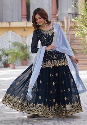 Blue Embroidered Georgette Palazzo Set With Dupatta
