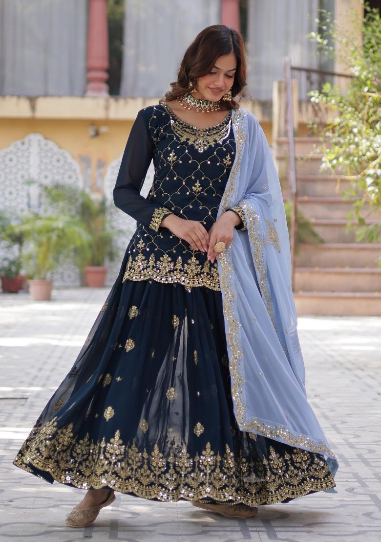 Blue Embroidered Georgette Palazzo Set With Dupatta