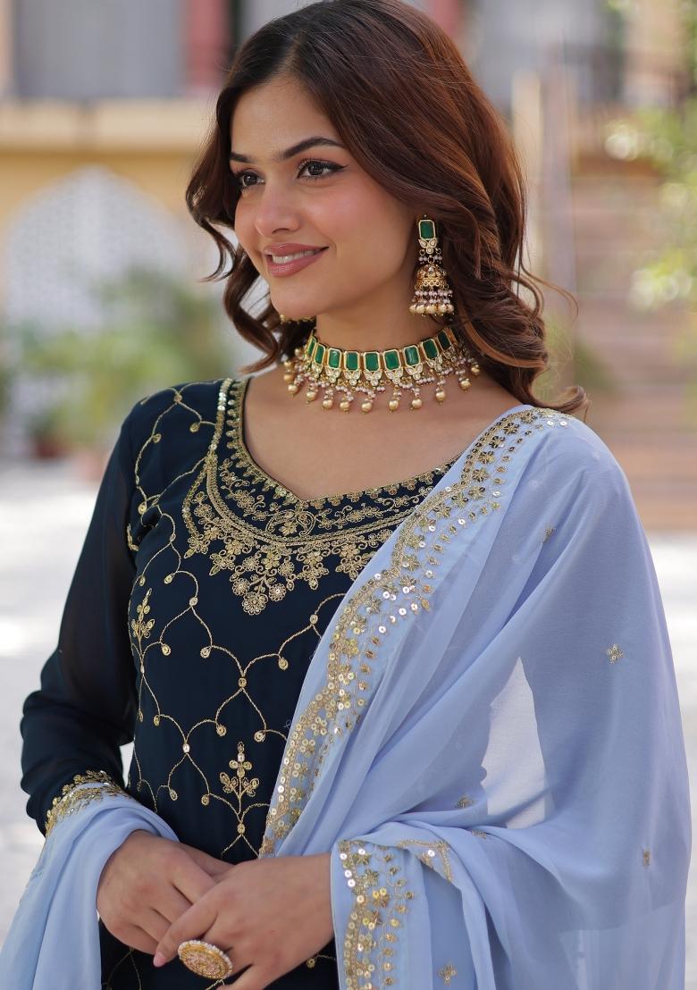 Blue Embroidered Georgette Palazzo Set With Dupatta