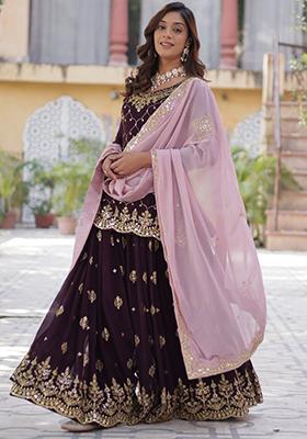 Wine Embroidered Georgette Palazzo Set With Dupatta