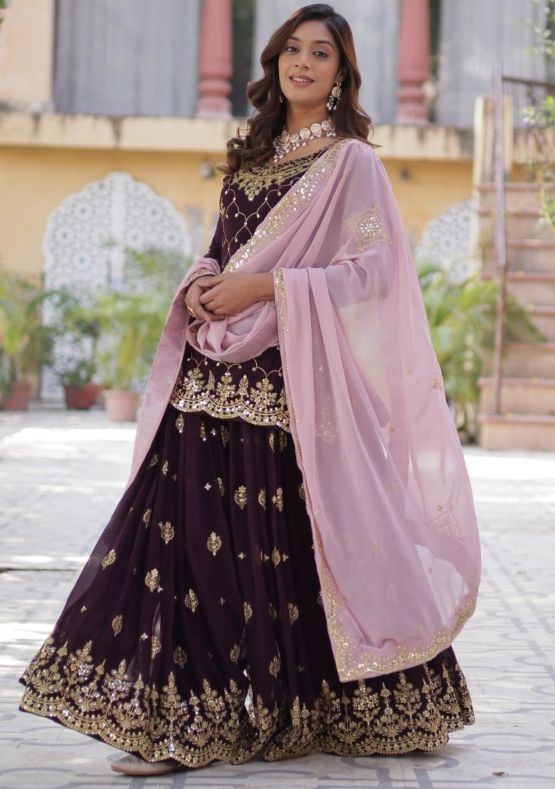 Wine Embroidered Georgette Palazzo Set With Dupatta