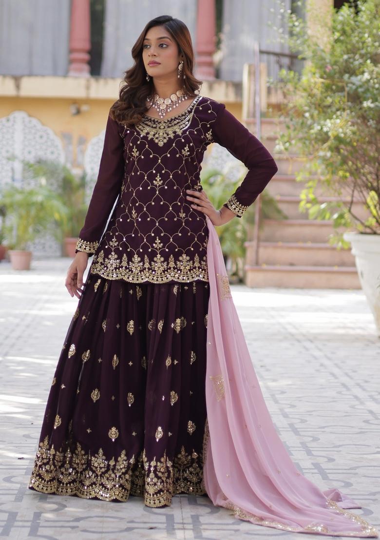 Wine Embroidered Georgette Palazzo Set With Dupatta