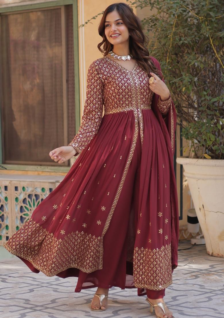 Peach Embroidered Georgette Salwar Kameez With Dupatta