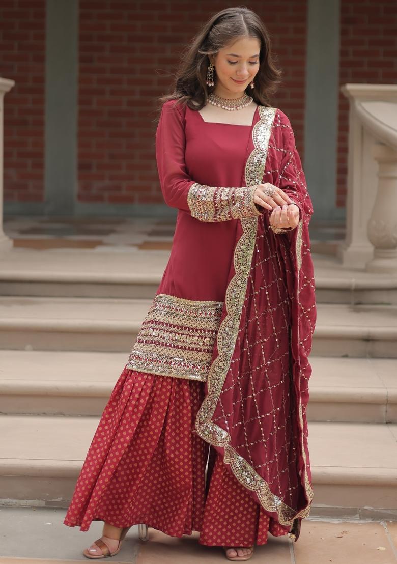 Maroon Embroidered Georgette Shararra Set With Dupatta