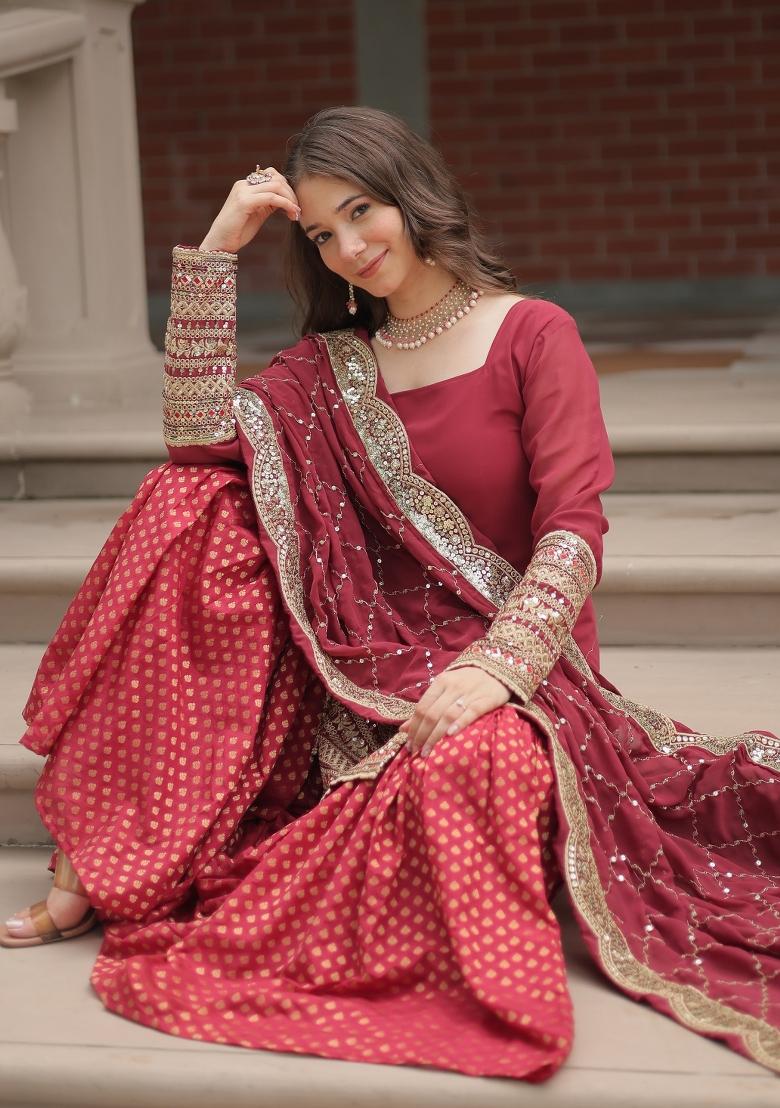 Maroon Embroidered Georgette Shararra Set With Dupatta