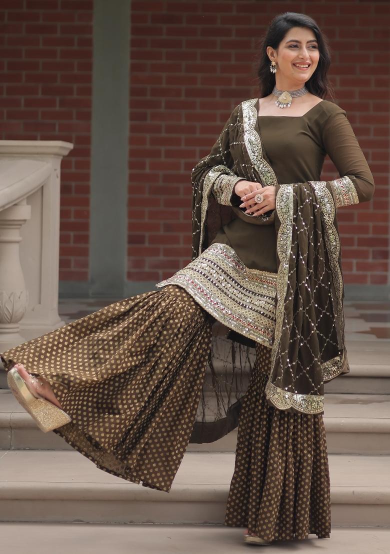 Mehendi Green Embroidered Georgette Shararra Set With Dupatta