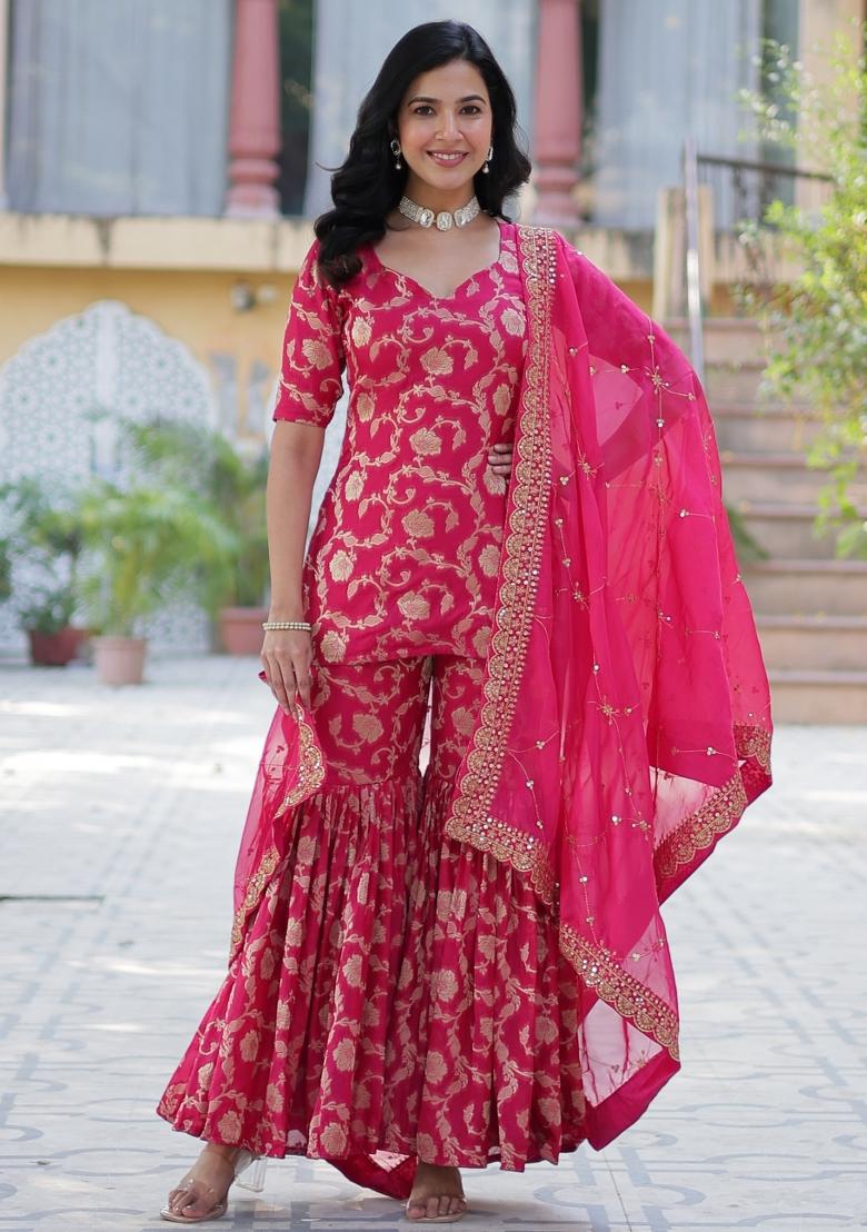 Pink Embroidered Georgette Shararra Set With Dupatta