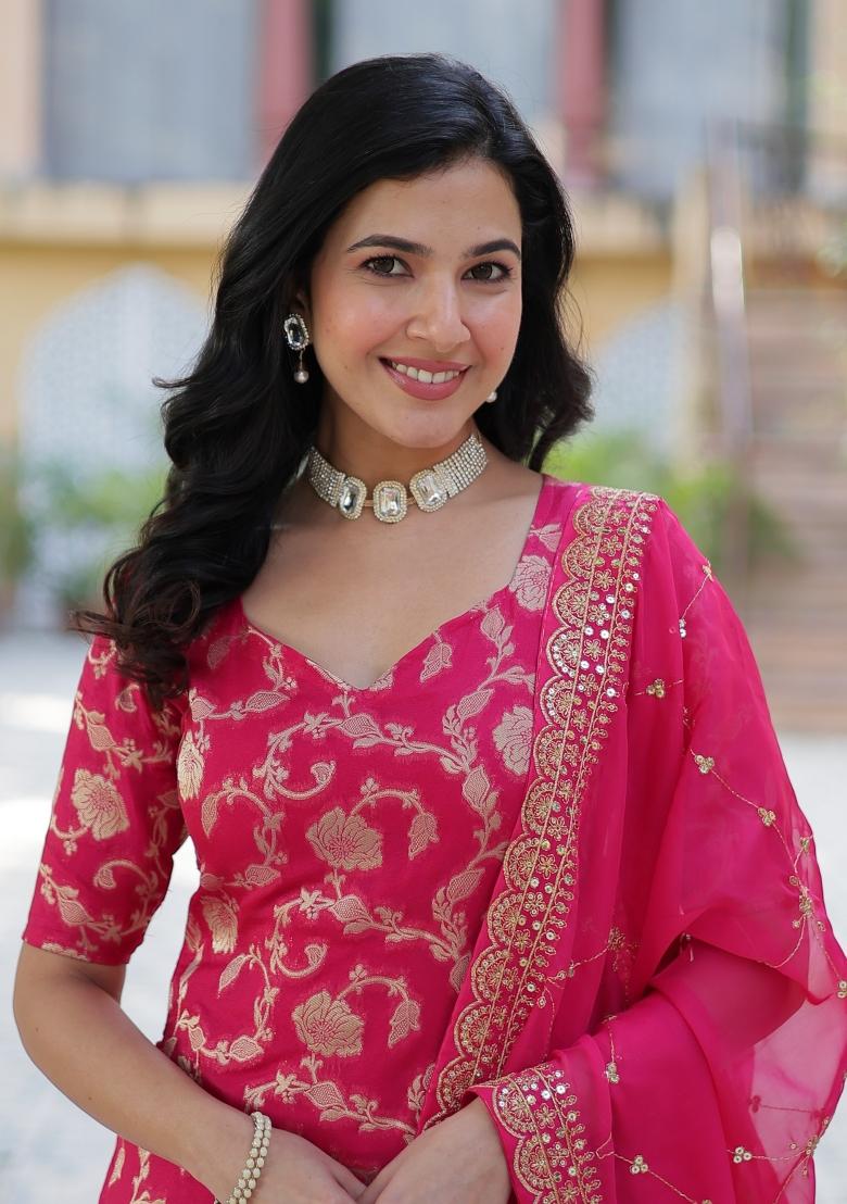 Pink Embroidered Georgette Shararra Set With Dupatta