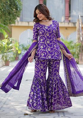 Violet Embroidered Georgette Shararra Set With Dupatta