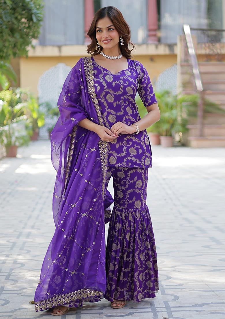 Violet Embroidered Georgette Shararra Set With Dupatta