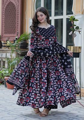 Black Printed Cotton Salwar Kameez With Dupatta