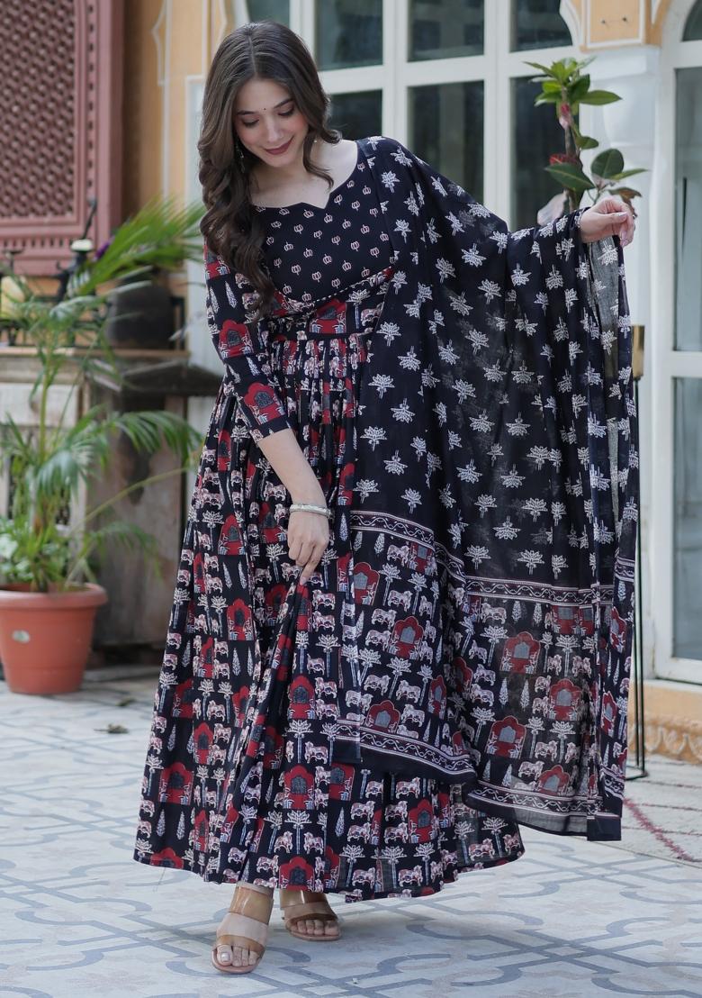 Black Printed Cotton Salwar Kameez With Dupatta