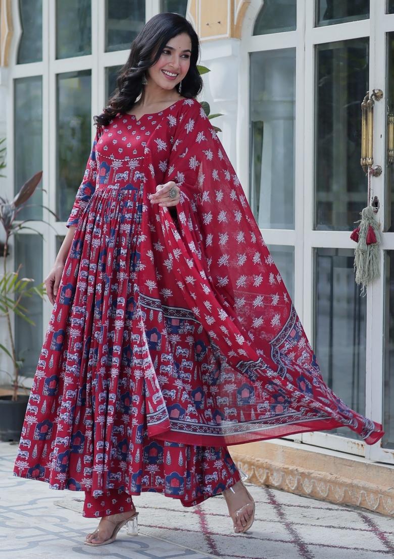 Maroon Printed Cotton Salwar Kameez With Dupatta