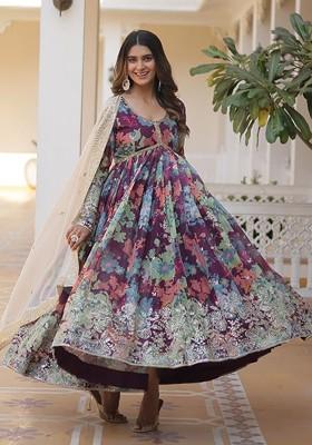 Purple Embroidered Poly Blend Anarkali Set With Dupatta