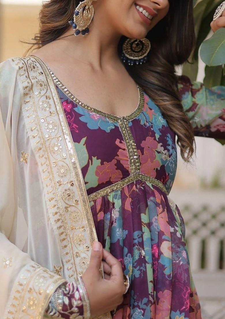 Purple Embroidered Poly Blend Anarkali Set With Dupatta