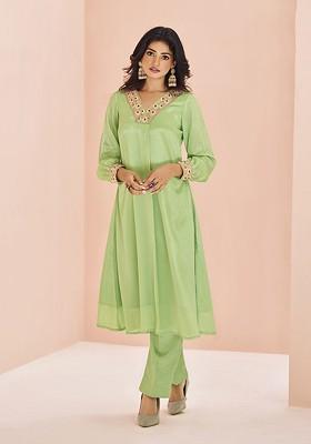 Green Embroidered Poly Blend Salwar Kameez