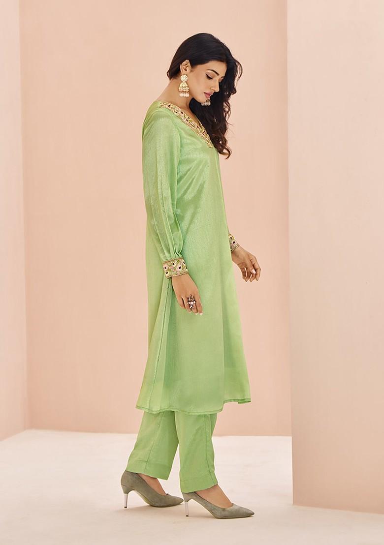 Green Embroidered Poly Blend Salwar Kameez