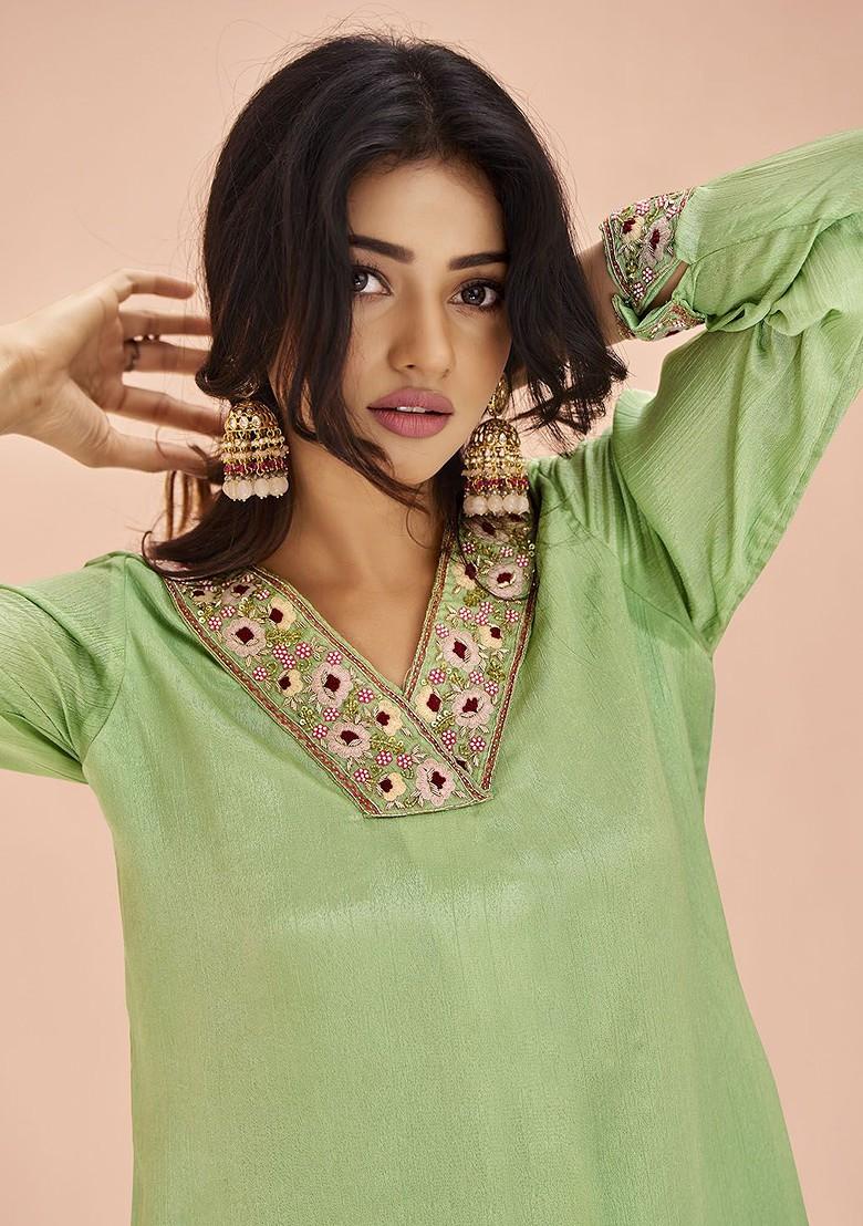 Green Embroidered Poly Blend Salwar Kameez