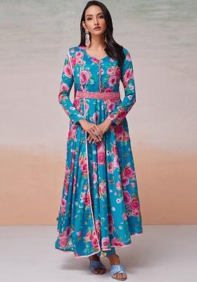 Blue Printed Poly Blend Anarkali Set With Dupatta