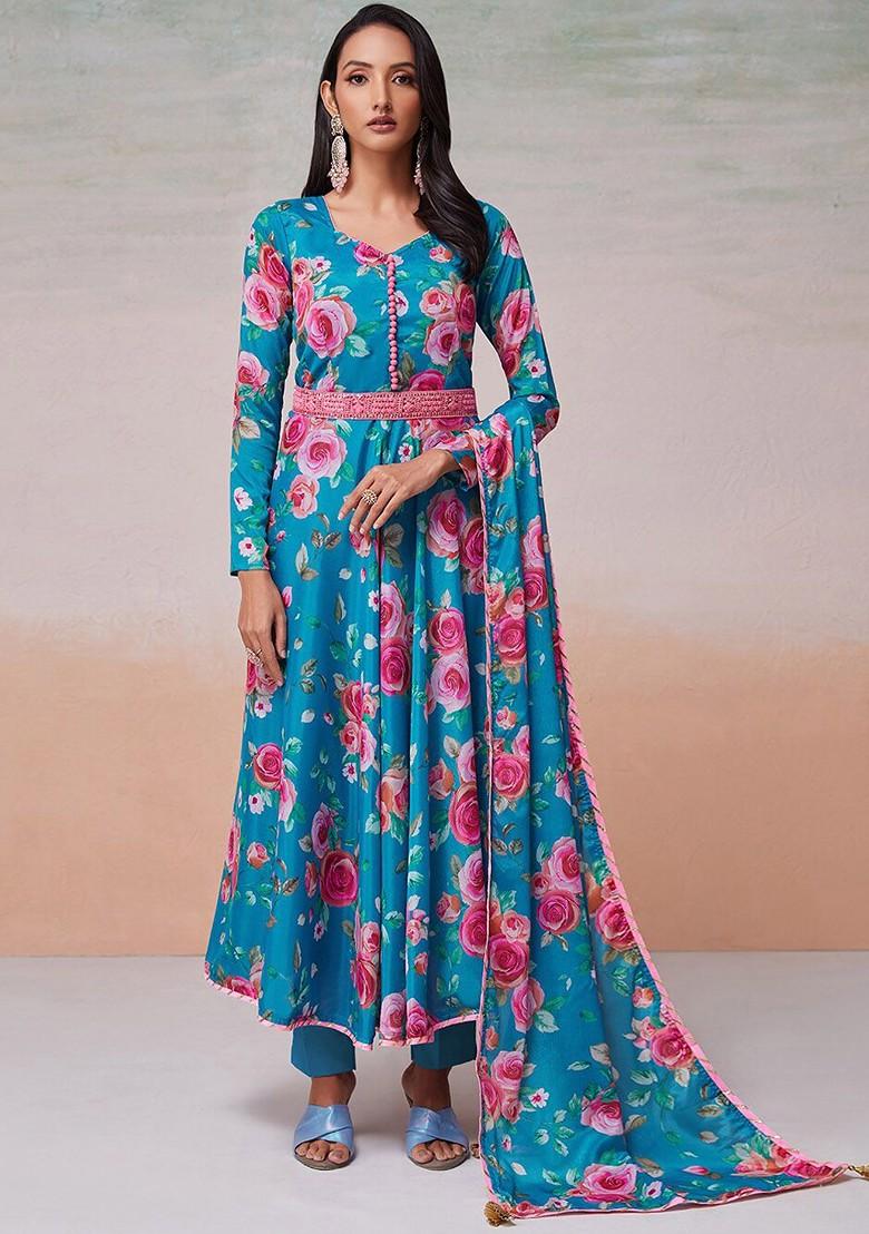 Blue Printed Poly Blend Anarkali Set With Dupatta