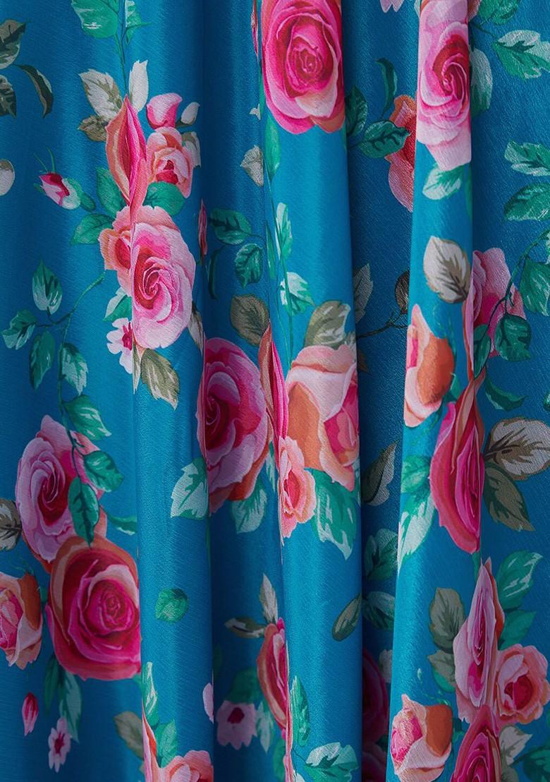 Blue Printed Poly Blend Anarkali Set With Dupatta