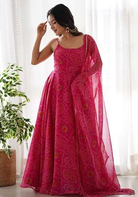 Pink Printed Poly Blend Anarkali Set With Dupatta