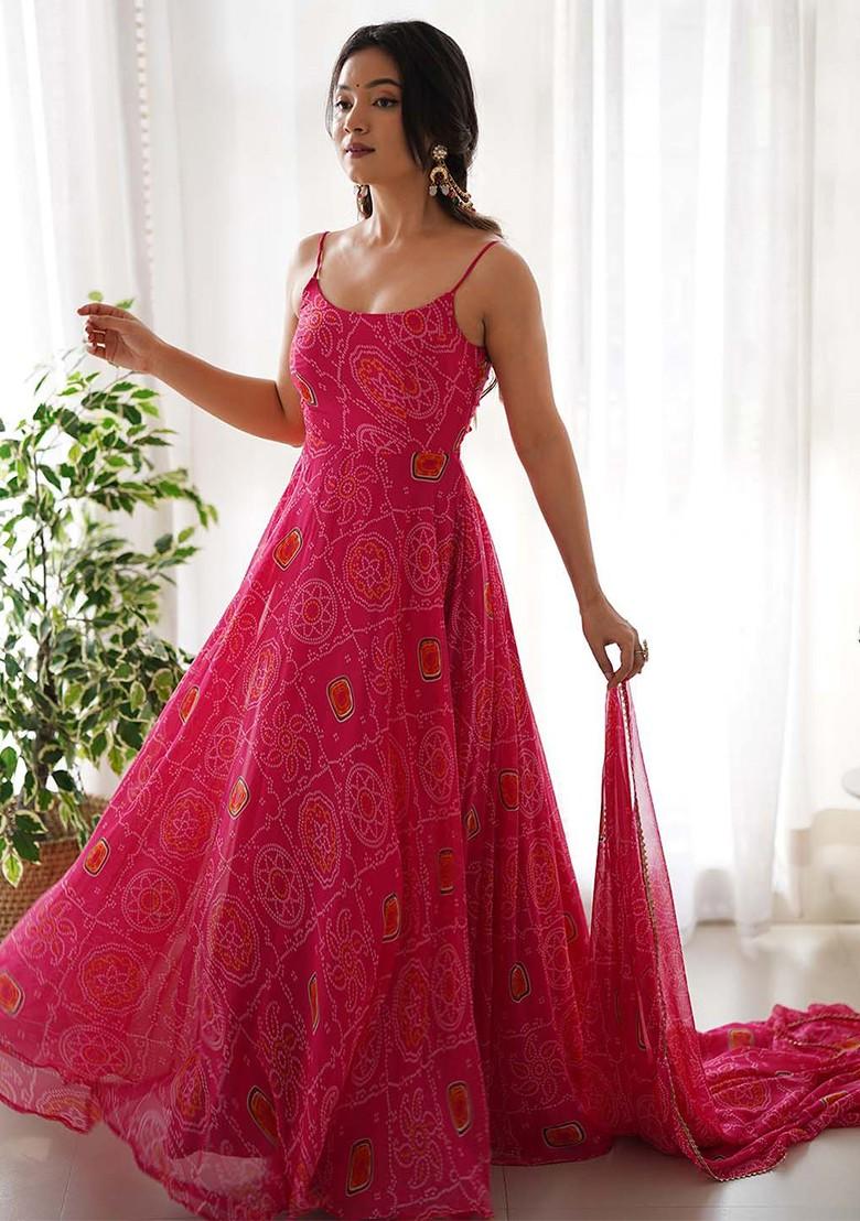 Pink Printed Poly Blend Anarkali Set With Dupatta