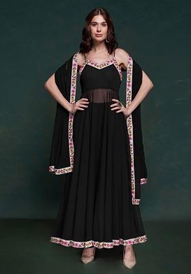 Black Embroidered Poly Blend Salwar Kameez With Dupatta