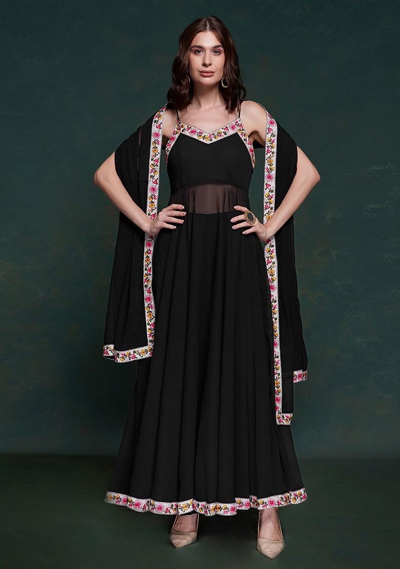 Black Embroidered Poly Blend Salwar Kameez With Dupatta