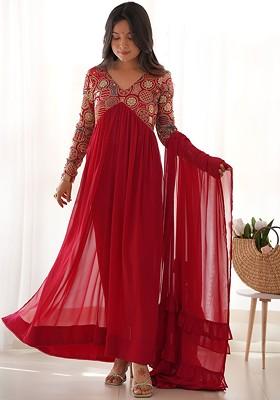 Red Embroidered Poly Blend Salwar Kameez With Dupatta
